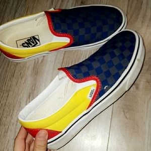 Blue, red, yellow checkerd vans